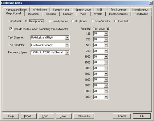 Output level test options screen