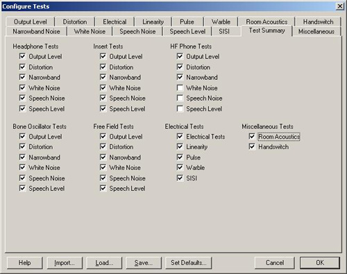Test configuration screen